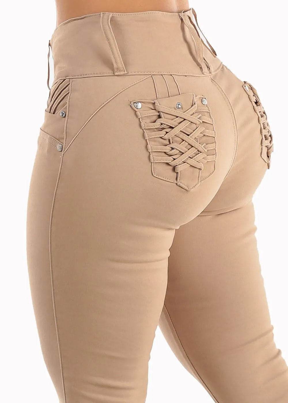 Moda Xpress Juniors Size Khaki Beige Mid Rise Butt Lifting Push-Up Stretchy Skinny Jeans 10840C - Bona Fide Fashion