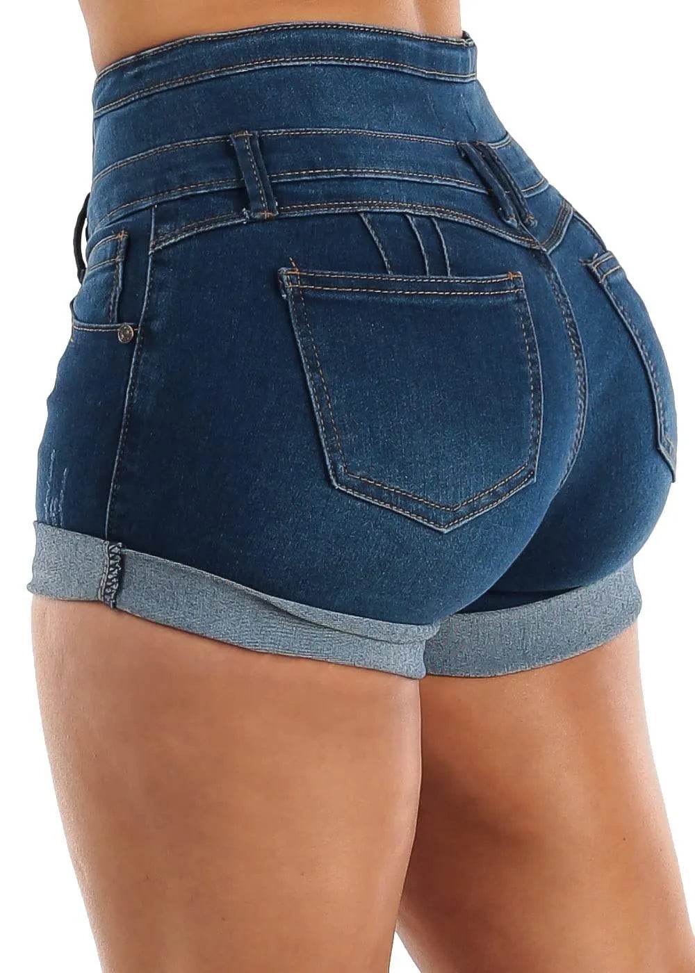 Moda Xpress Womens Juniors High Rise Butt Lift Cuffed Dark Denim Shorts Size 7 10032D - Bona Fide Fashion