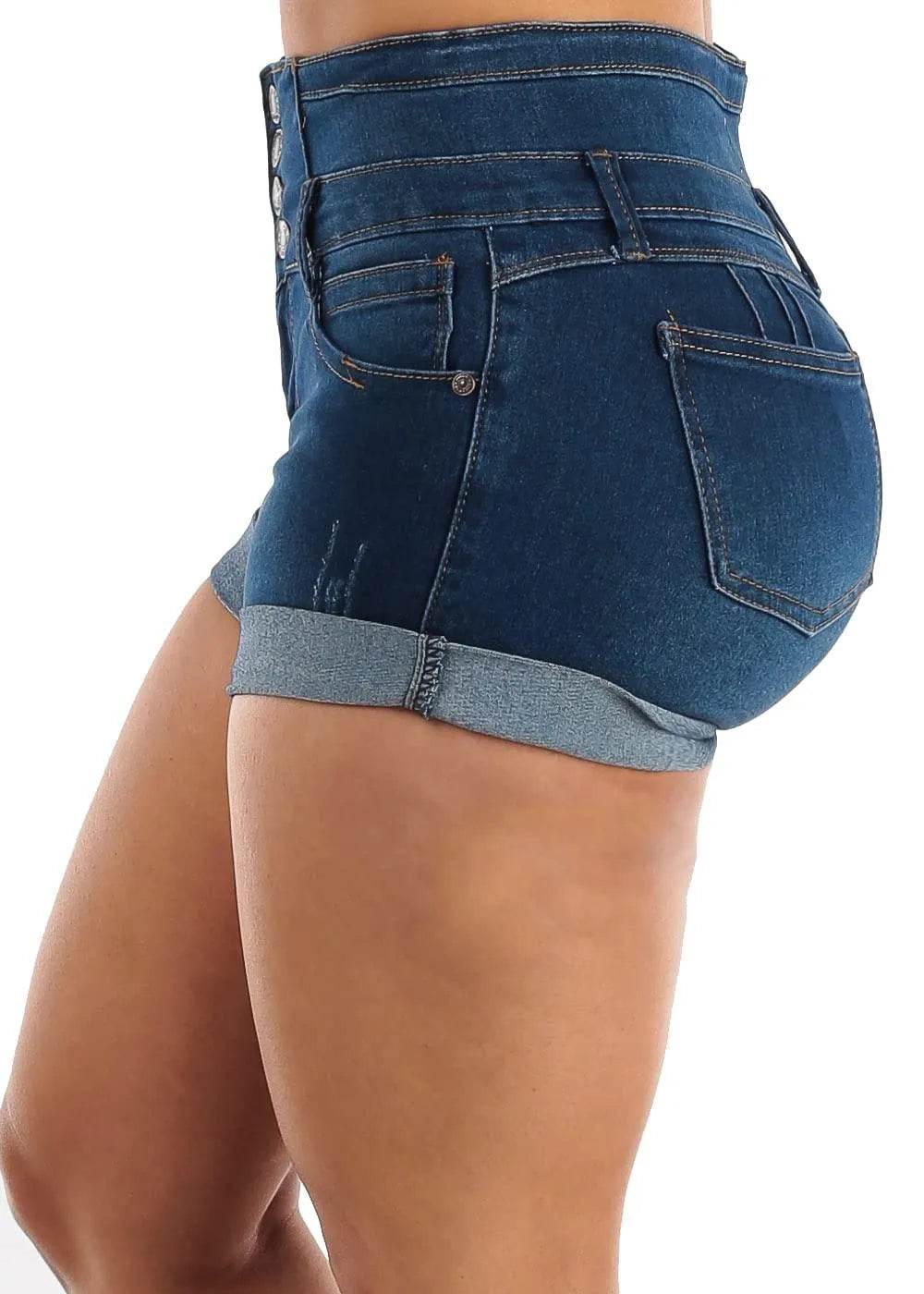Moda Xpress Womens Juniors High Rise Butt Lift Cuffed Dark Denim Shorts Size 7 10032D - Bona Fide Fashion