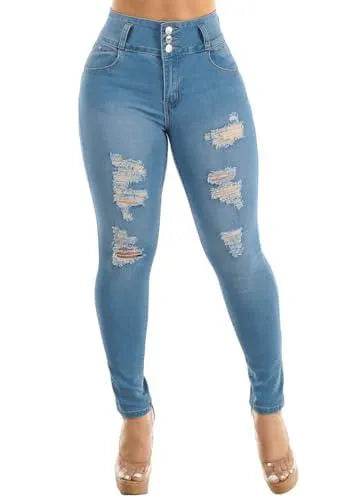 Moda Xpress Womens Juniors High Waist Ripped Light Blue Levantacola Skinny Jeans 12002X - Bona Fide Fashion