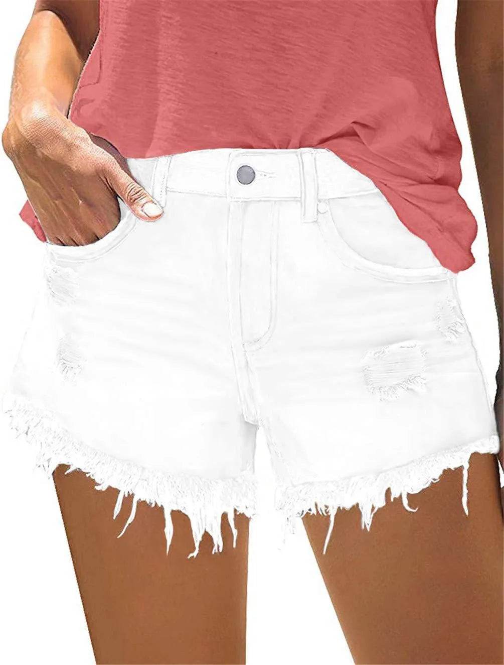 MODARANI Denim Shorts for Women Distressed Jean Shorts Ripped Shorts Mid Rise Summer Hot Shorts White L - Bona Fide Fashion
