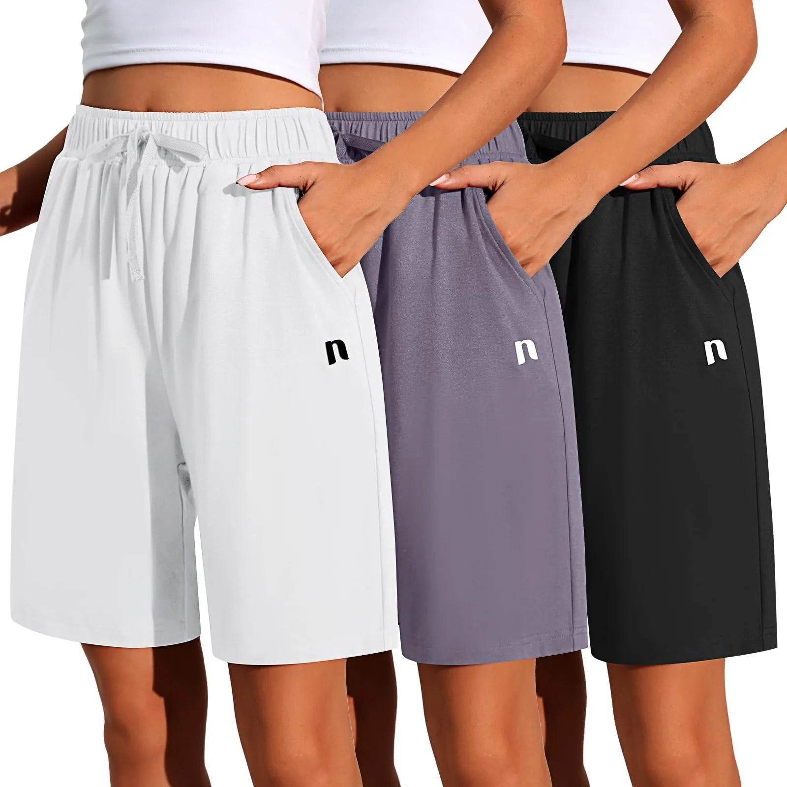 Neer 3 Pack Women's Shorts Quick Dry Shorts Women Drawstring High Waisted Shorts Womens Bermuda Athletic Shorts with Pockets (Black,White,Dark Grey,Large) - Bona Fide Fashion