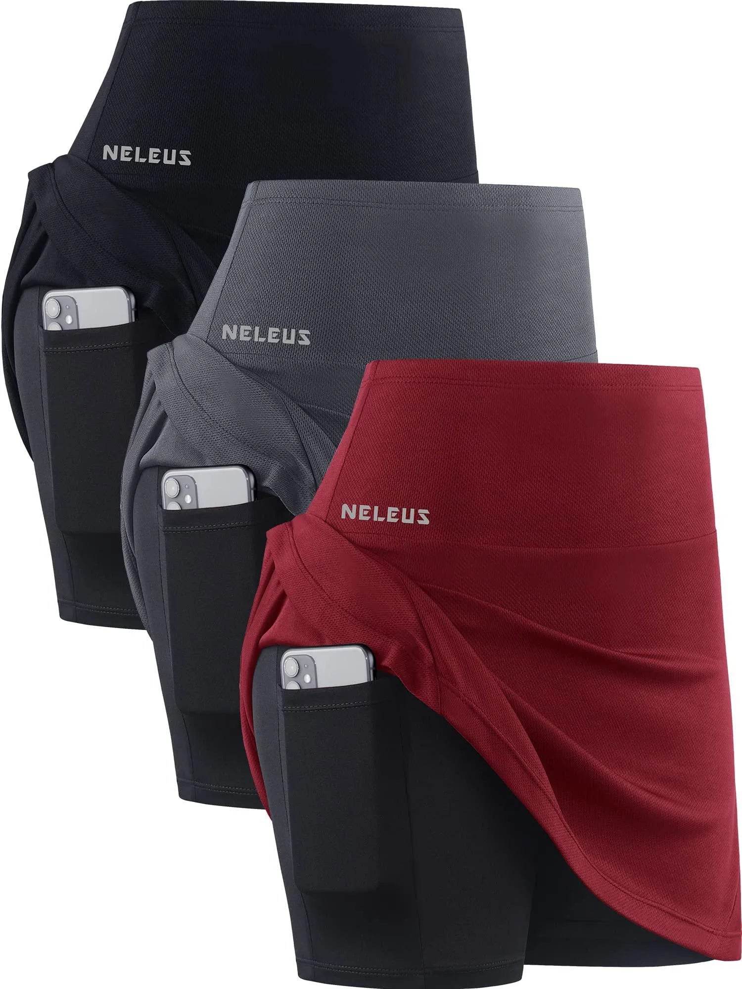 NELEUS Women's 2 in 1 Tennis Skirts with Pockets High Waisted Athletic Running Shorts Golf Skirt,Black/Grey/red,3 Pack,Medium - Bona Fide Fashion