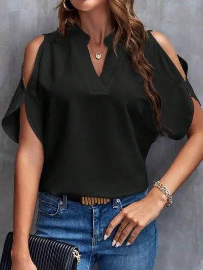 Notched Cold Shoulder Blouse - Bona Fide Fashion