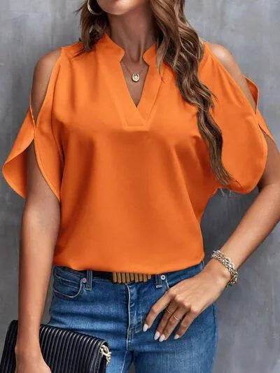 Notched Cold Shoulder Blouse - Bona Fide Fashion