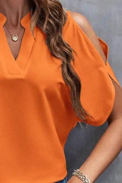 Notched Cold Shoulder Blouse - Bona Fide Fashion