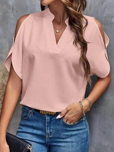 Notched Cold Shoulder Blouse - Bona Fide Fashion