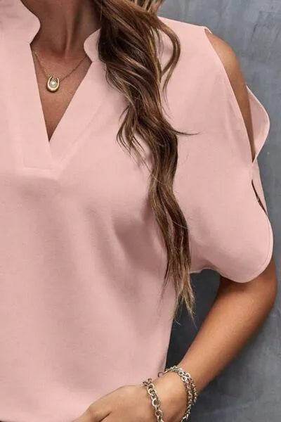 Notched Cold Shoulder Blouse - Bona Fide Fashion