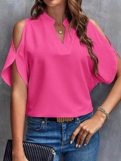 Notched Cold Shoulder Blouse - Bona Fide Fashion