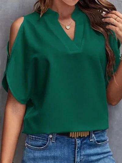 Notched Cold Shoulder Blouse - Bona Fide Fashion