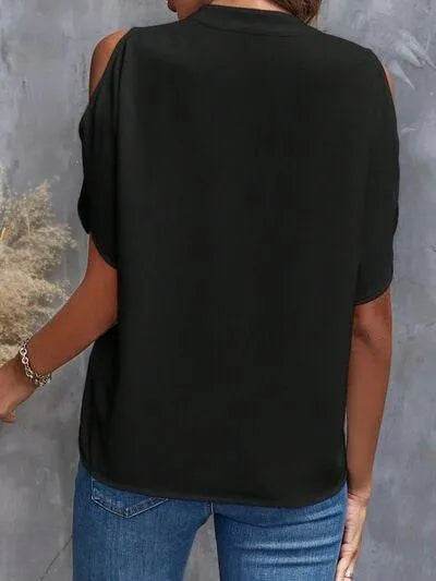 Notched Cold Shoulder Blouse - Bona Fide Fashion