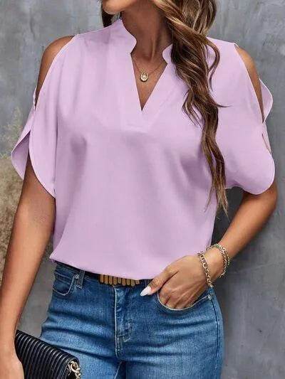 Notched Cold Shoulder Blouse - Bona Fide Fashion