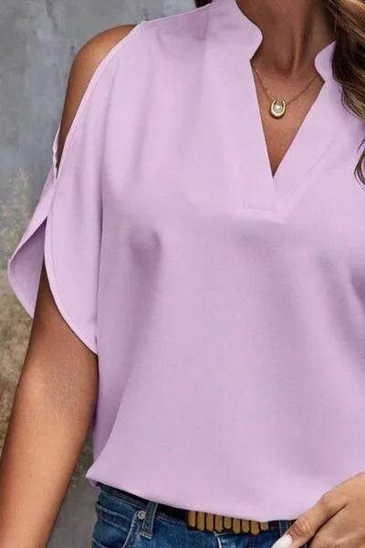Notched Cold Shoulder Blouse - Bona Fide Fashion