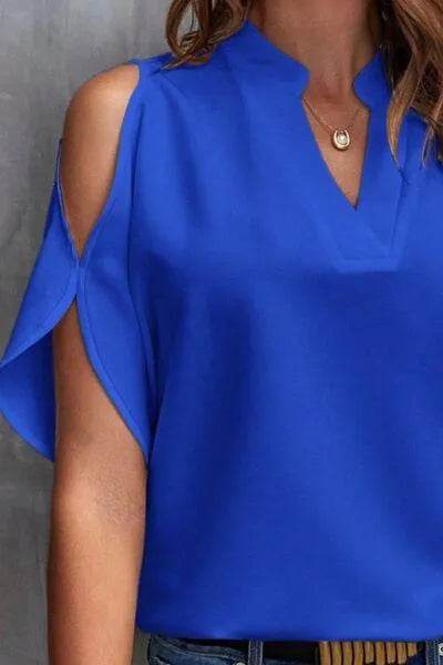 Notched Cold Shoulder Blouse - Bona Fide Fashion