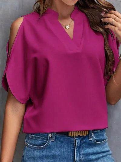 Notched Cold Shoulder Blouse - Bona Fide Fashion