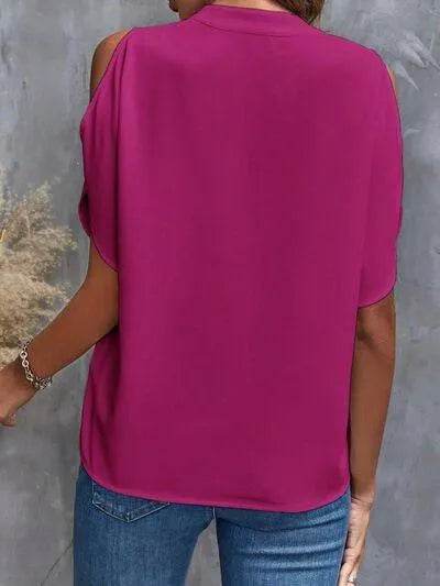 Notched Cold Shoulder Blouse - Bona Fide Fashion
