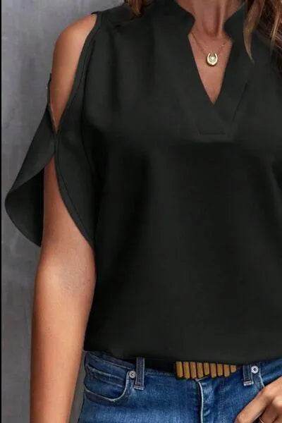 Notched Cold Shoulder Blouse - Bona Fide Fashion
