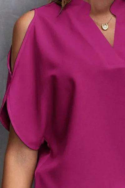 Notched Cold Shoulder Blouse - Bona Fide Fashion