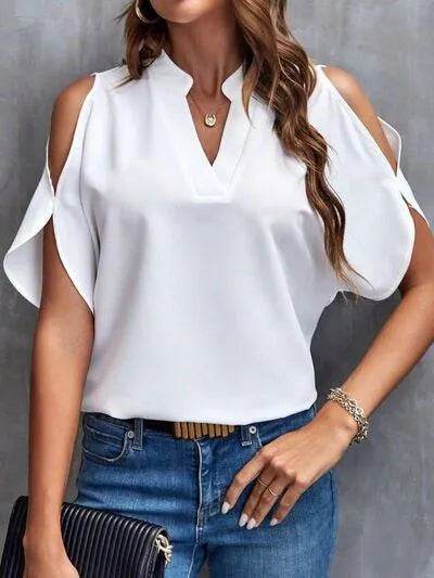 Notched Cold Shoulder Blouse - Bona Fide Fashion