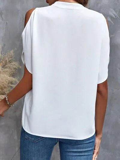 Notched Cold Shoulder Blouse - Bona Fide Fashion