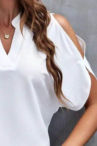 Notched Cold Shoulder Blouse - Bona Fide Fashion