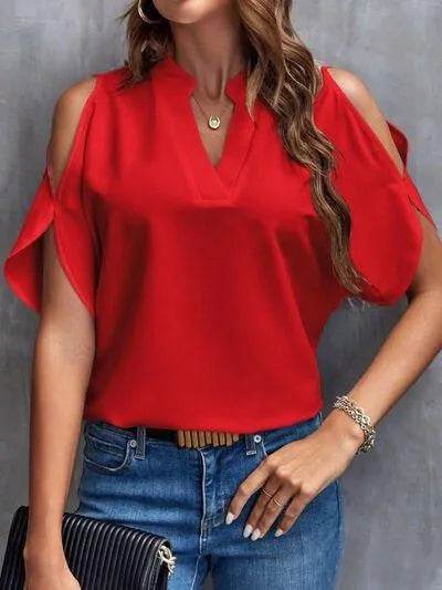 Notched Cold Shoulder Blouse - Bona Fide Fashion