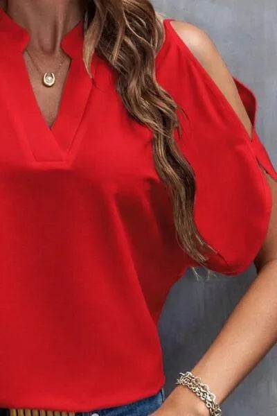 Notched Cold Shoulder Blouse - Bona Fide Fashion