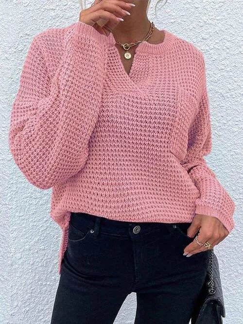 Notched Long Sleeve Sweater - Bona Fide Fashion
