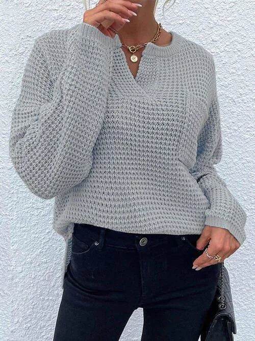 Notched Long Sleeve Sweater - Bona Fide Fashion