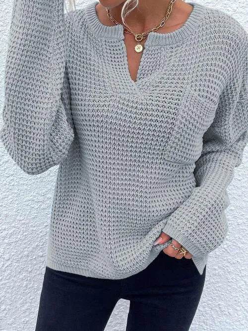 Notched Long Sleeve Sweater - Bona Fide Fashion