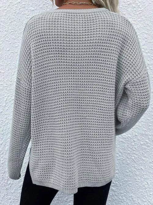 Notched Long Sleeve Sweater - Bona Fide Fashion