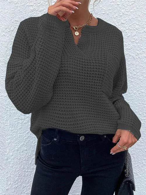 Notched Long Sleeve Sweater - Bona Fide Fashion