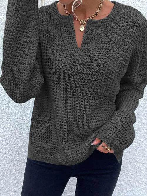 Notched Long Sleeve Sweater - Bona Fide Fashion