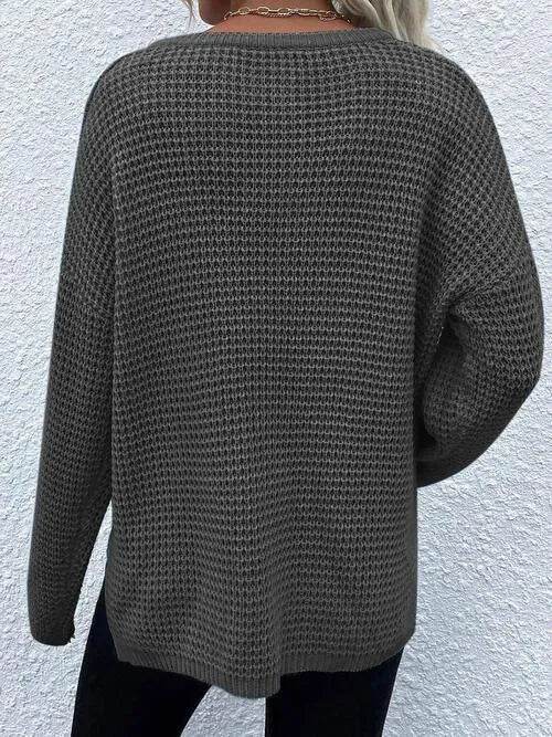 Notched Long Sleeve Sweater - Bona Fide Fashion