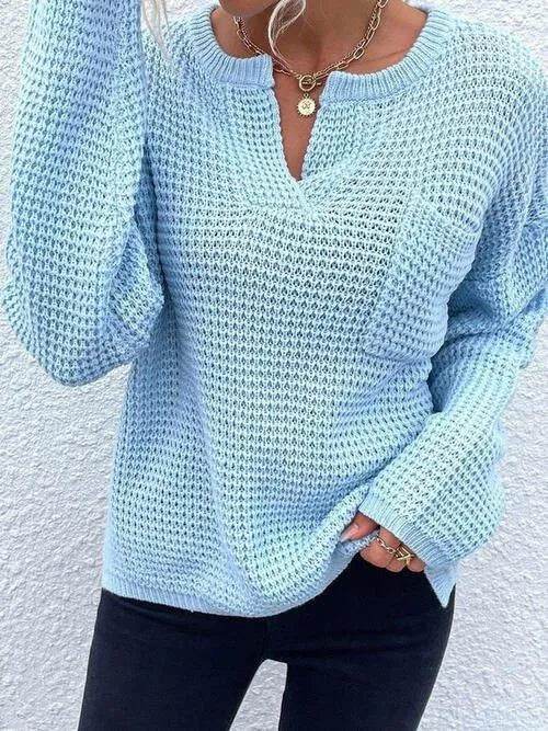 Notched Long Sleeve Sweater - Bona Fide Fashion