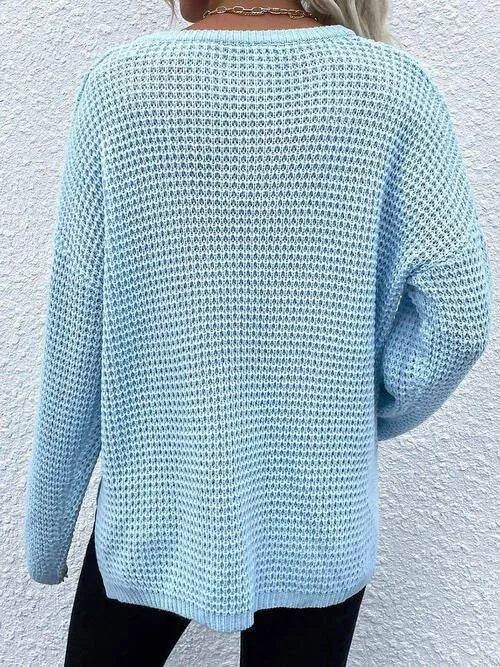Notched Long Sleeve Sweater - Bona Fide Fashion