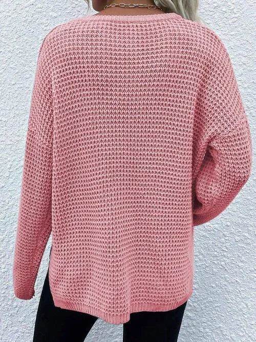 Notched Long Sleeve Sweater - Bona Fide Fashion