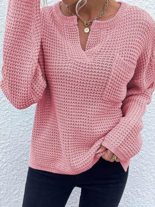 Notched Long Sleeve Sweater - Bona Fide Fashion