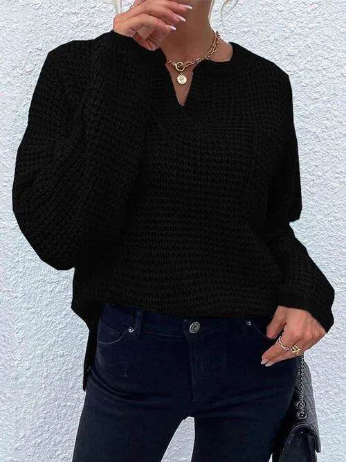 Notched Long Sleeve Sweater - Bona Fide Fashion