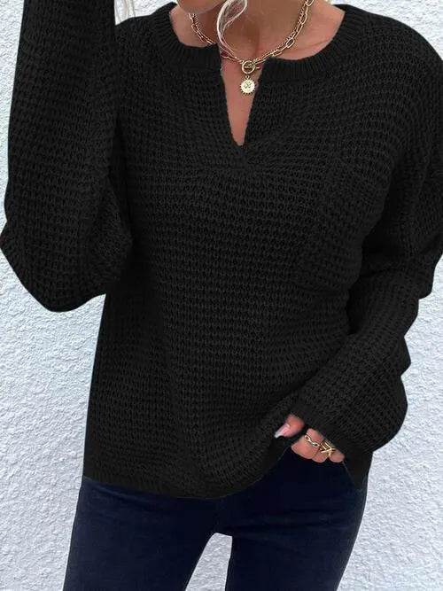 Notched Long Sleeve Sweater - Bona Fide Fashion