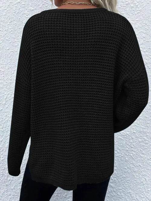 Notched Long Sleeve Sweater - Bona Fide Fashion