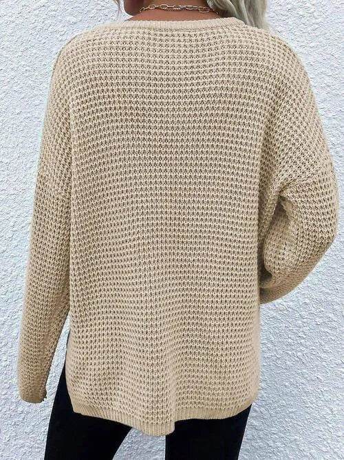 Notched Long Sleeve Sweater - Bona Fide Fashion
