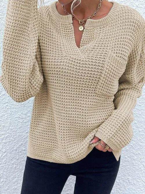 Notched Long Sleeve Sweater - Bona Fide Fashion