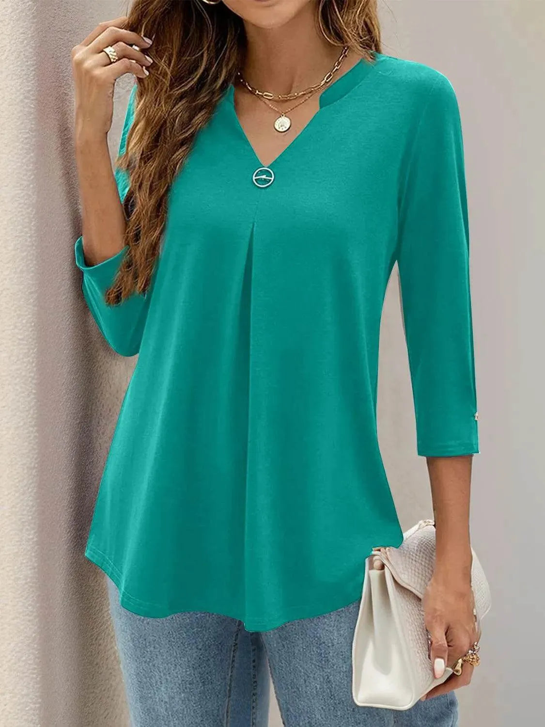 Notched Three-Quarter Sleeve T-Shirt - Bona Fide Fashion