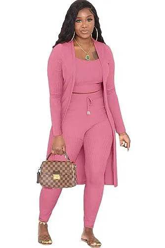 OCEANLUX Women 3 Piece Lounge Set Outfits Set Ribbed Long Sleeveless Long Cardigan Crop Tank Tops Bodycon Elastic waist Pants Sets Sweatsuit - Bona Fide Fashion