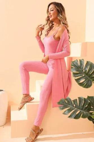 OCEANLUX Women 3 Piece Lounge Set Outfits Set Ribbed Long Sleeveless Long Cardigan Crop Tank Tops Bodycon Elastic waist Pants Sets Sweatsuit - Bona Fide Fashion