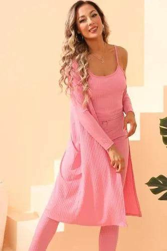 OCEANLUX Women 3 Piece Lounge Set Outfits Set Ribbed Long Sleeveless Long Cardigan Crop Tank Tops Bodycon Elastic waist Pants Sets Sweatsuit - Bona Fide Fashion