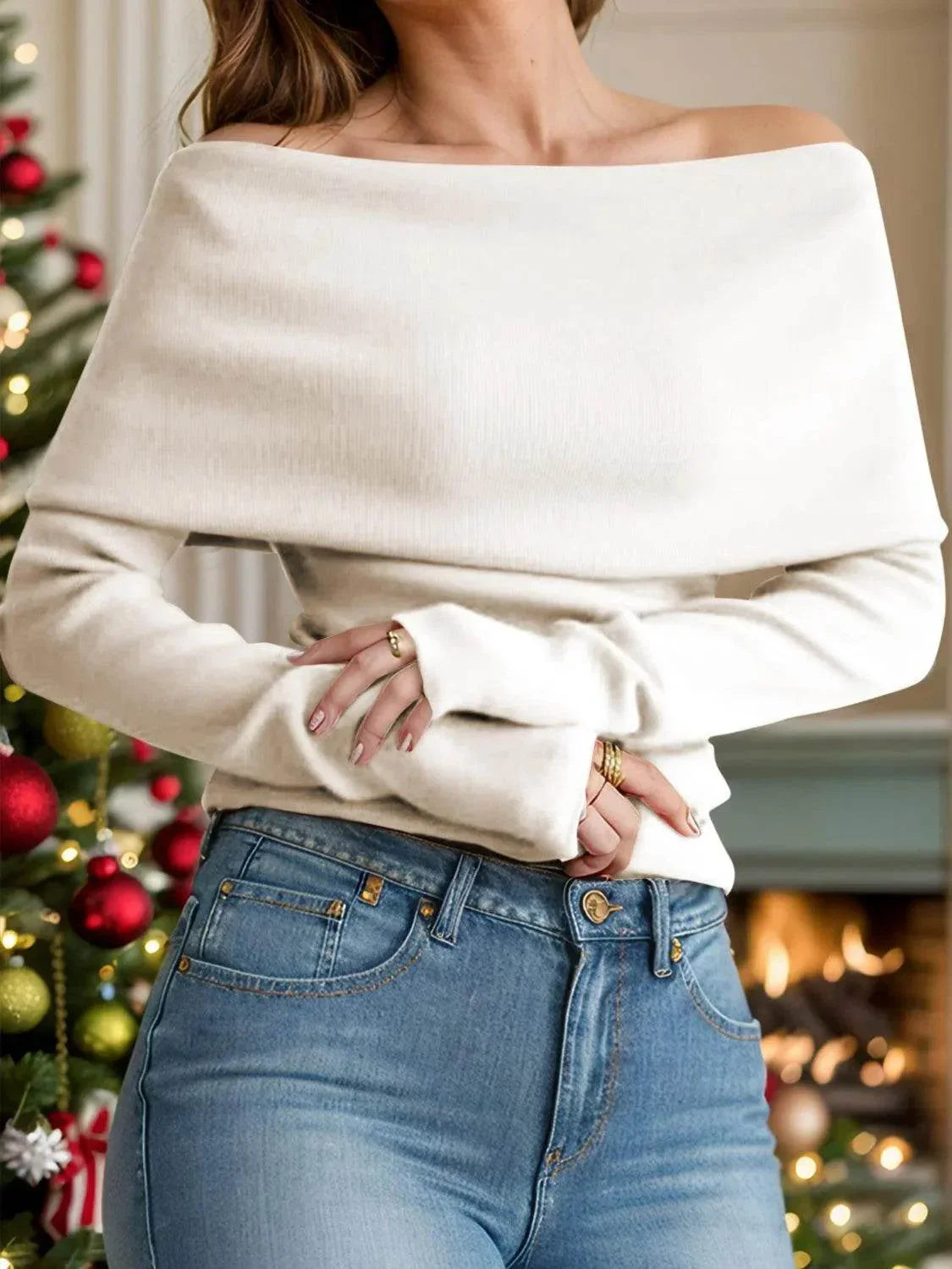 Off-Shoulder Long Sleeve Sweater - Bona Fide Fashion