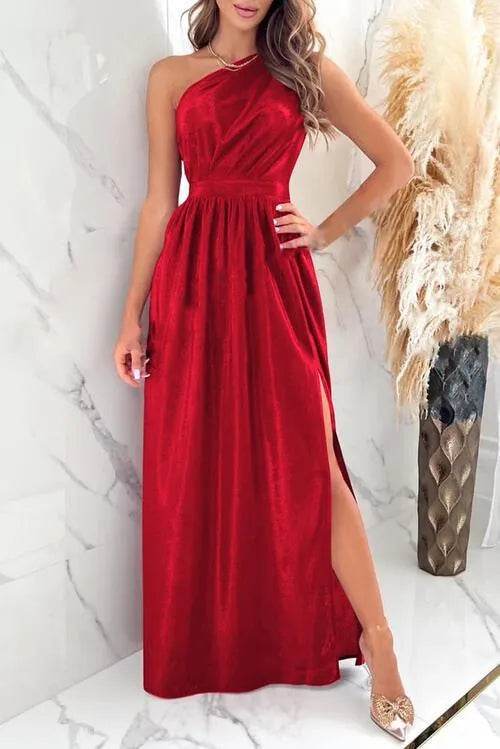 One Shoulder Slit Ruched Maxi Dress - Bona Fide Fashion