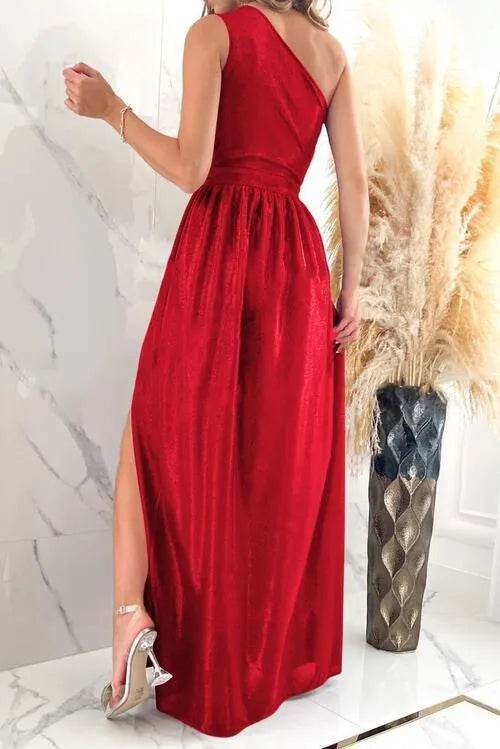 One Shoulder Slit Ruched Maxi Dress - Bona Fide Fashion